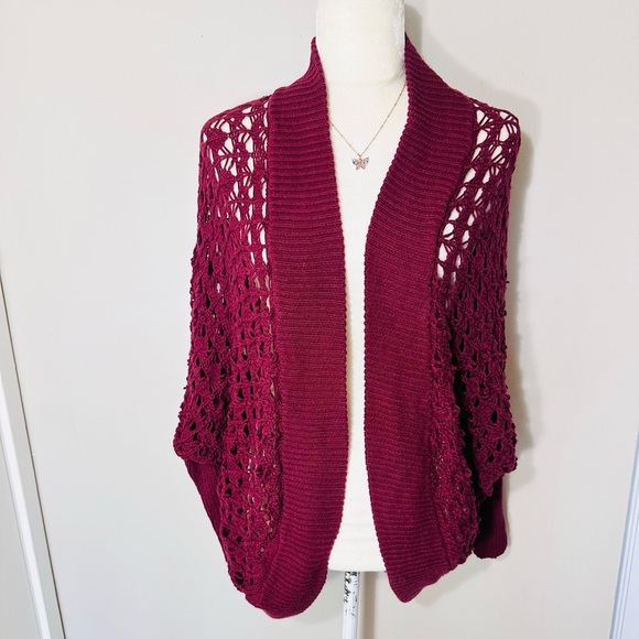 Abound Womens Cardigan S/M Red Wine BOHO Bolero Crochet Sweater Shawl Soft lace - Picture 3 of 8
